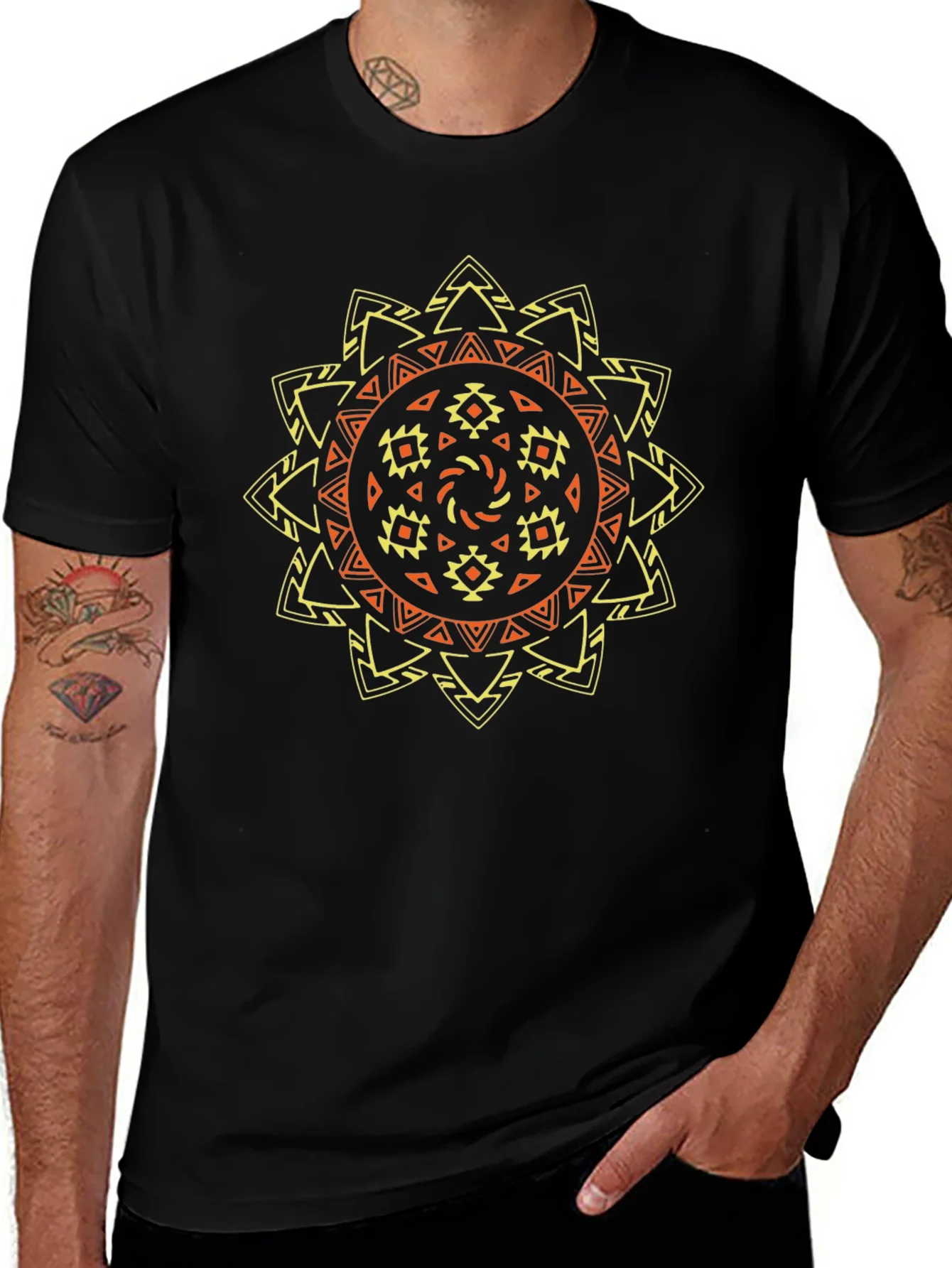 Tribal Sun Graphic Tee - Stylish Black T-Shirt