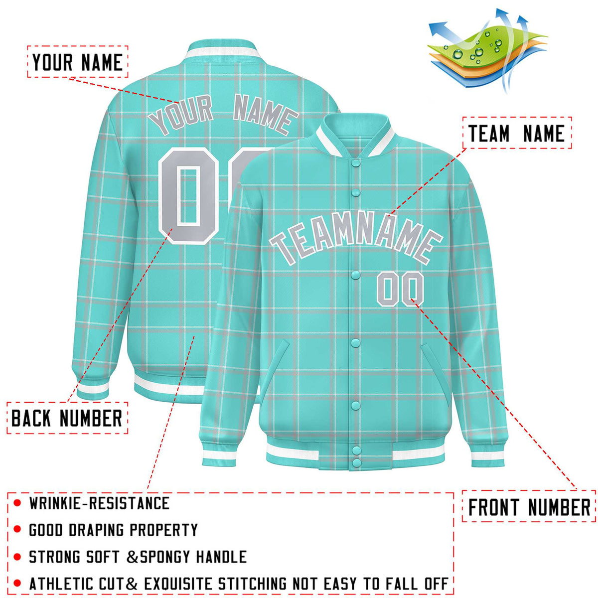 Custom Green Varsity Full-Snap Plaid Pattern Letterman Baseball Jacket