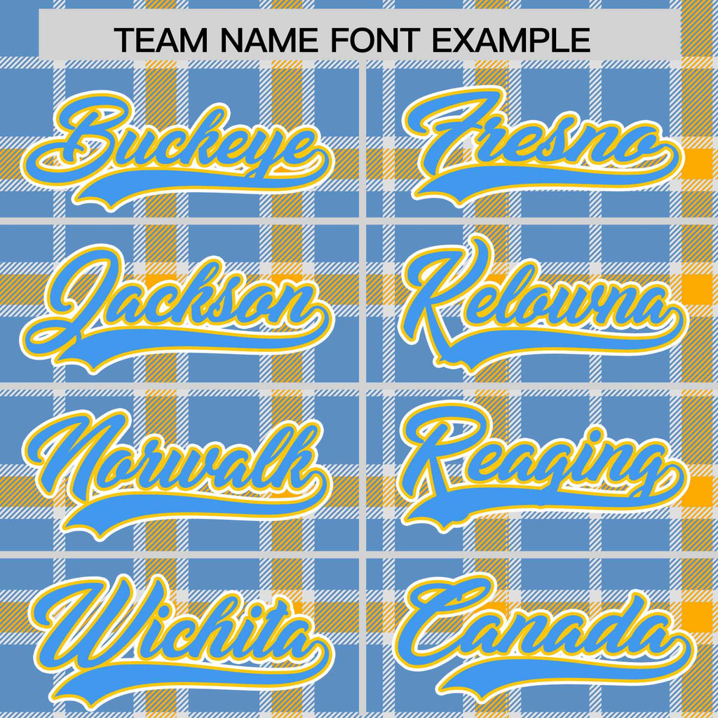 Custom Light Blue Yellow Varsity Full-Snap Plaid Pattern Letterman Baseball Jacket