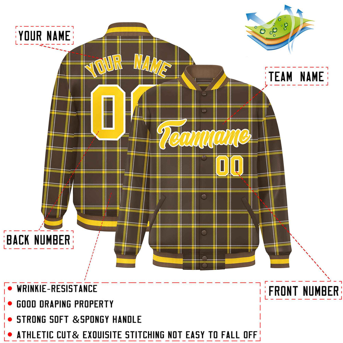 Custom Brown Varsity Full-Snap Plaid Pattern Letterman Baseball Jacket