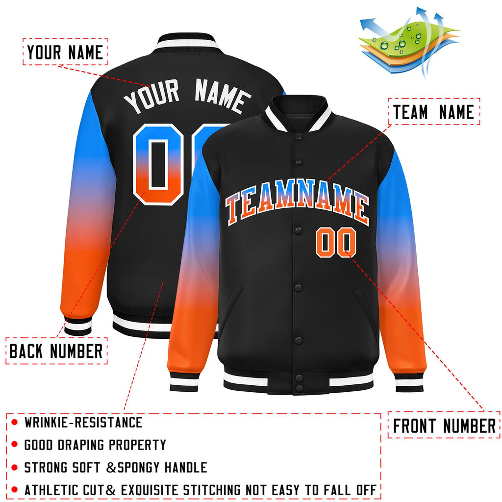 Black Powder Blue-Orange Gradient Varsity Full-Snap Raglan Sleeves Baseball Jacket