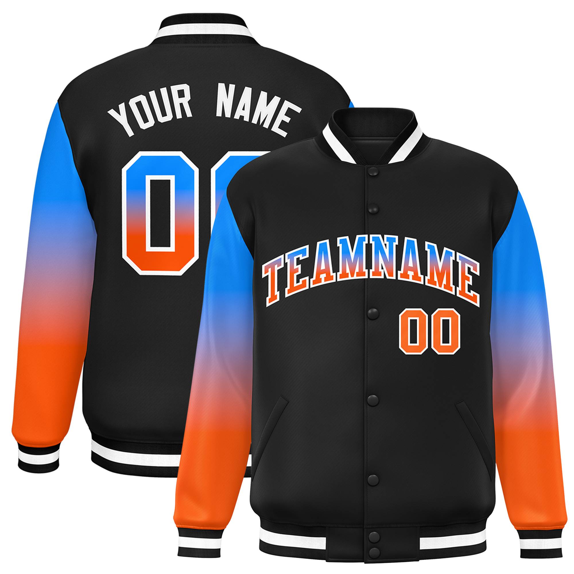 Black Powder Blue-Orange Gradient Varsity Full-Snap Raglan Sleeves Baseball Jacket