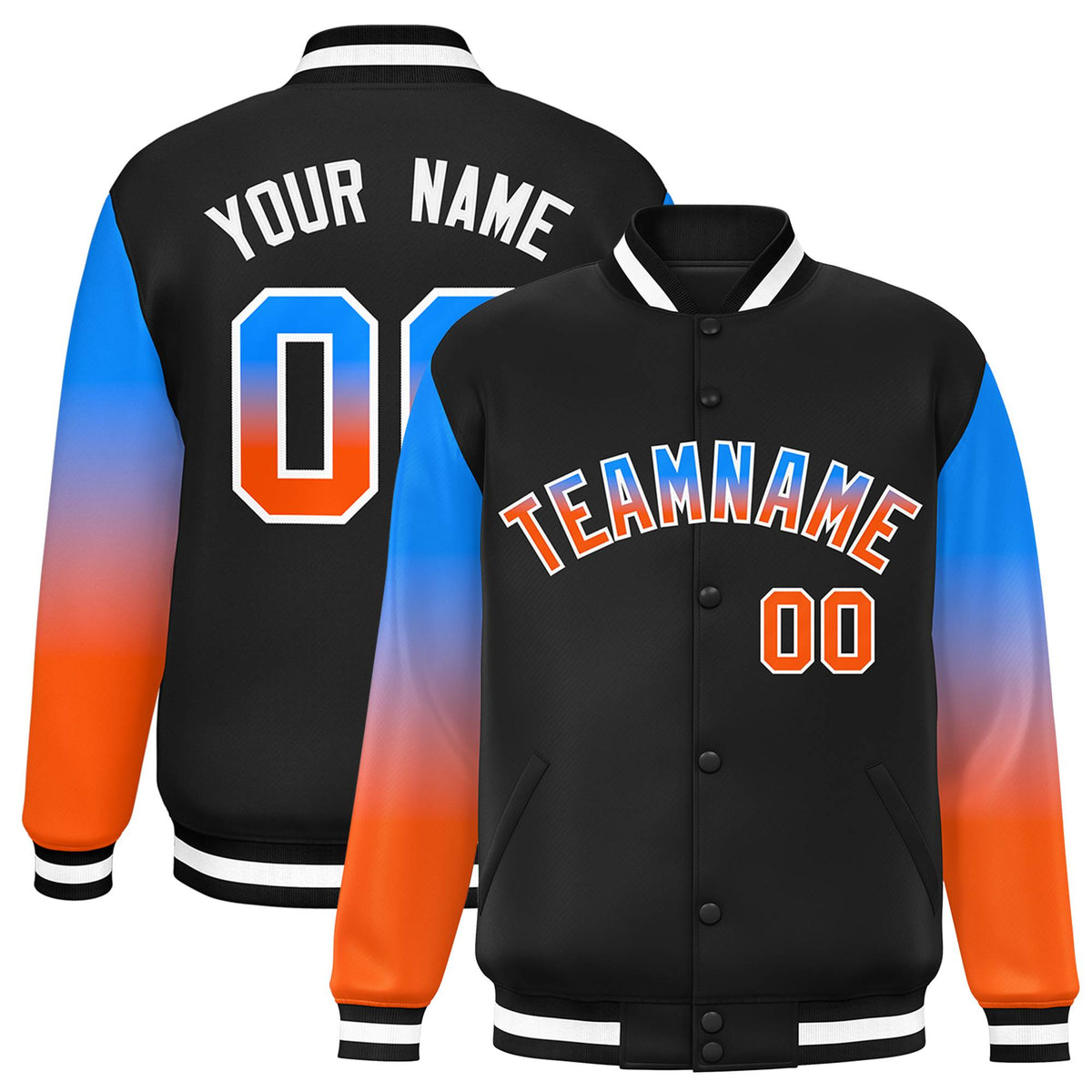 Black Powder Blue-Orange Gradient Varsity Full-Snap Raglan Sleeves Baseball Jacket