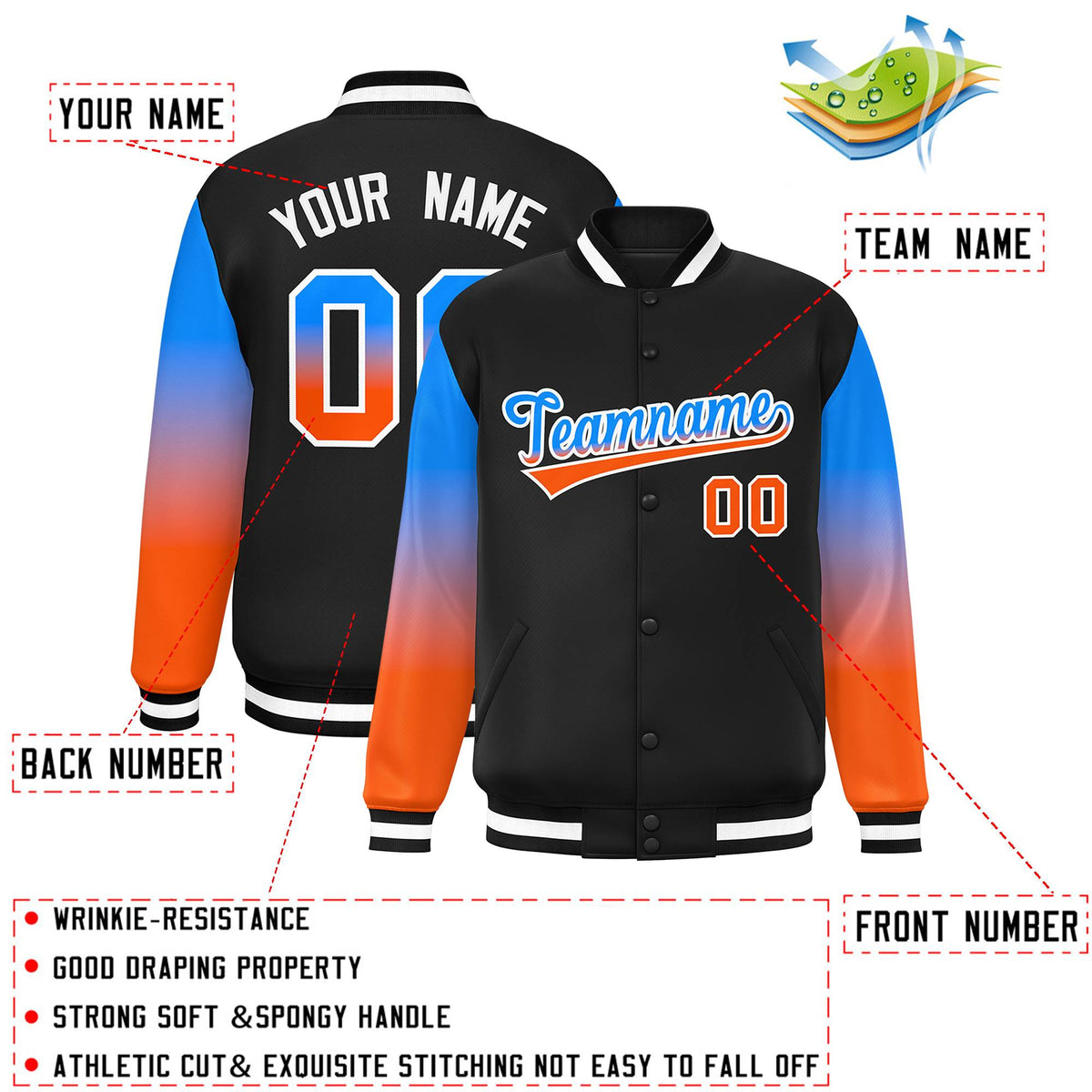 Black Powder Blue-Orange Gradient Varsity Full-Snap Raglan Sleeves Baseball Jacket