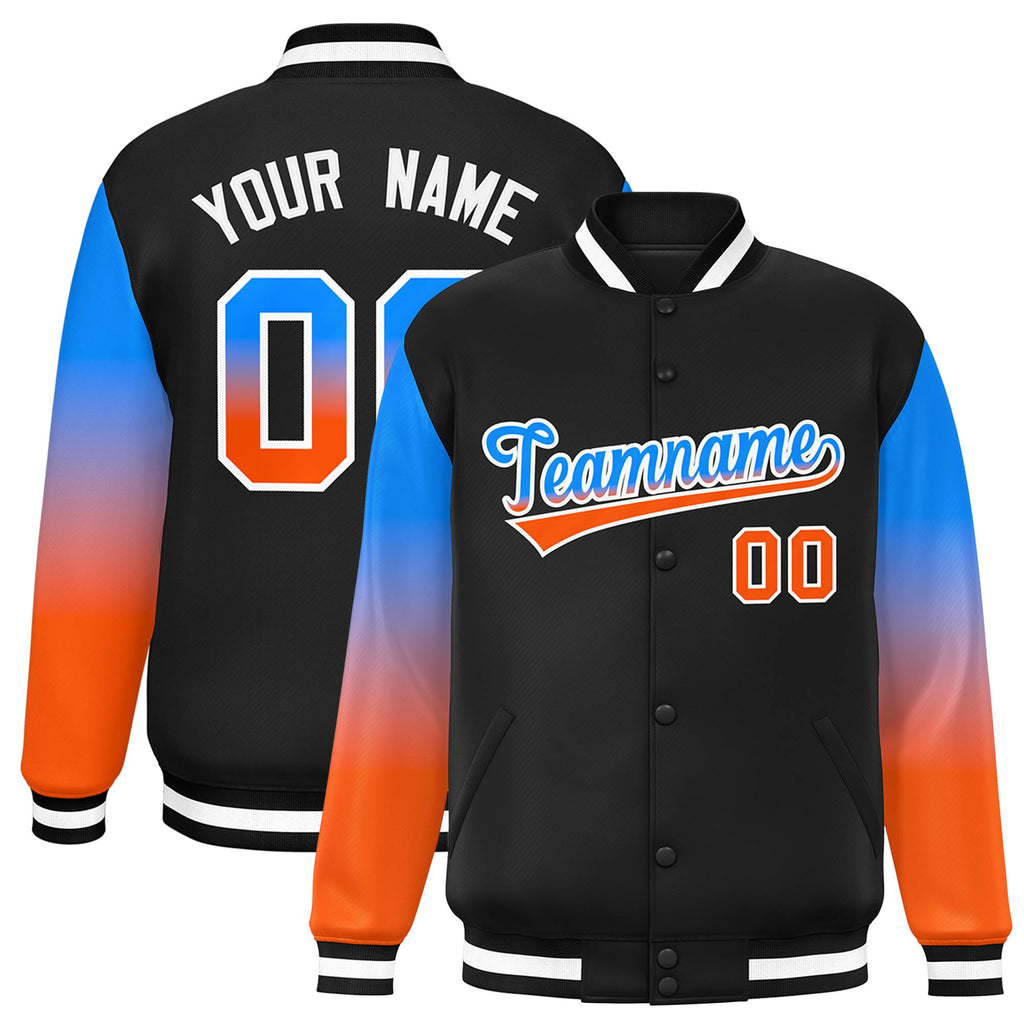 Black Powder Blue-Orange Gradient Varsity Full-Snap Raglan Sleeves Baseball Jacket