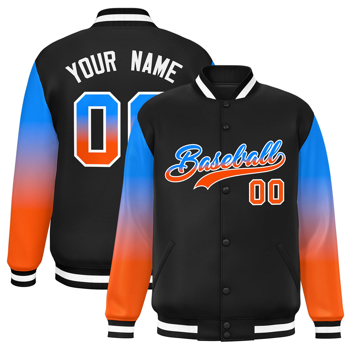 Black Powder Blue-Orange Gradient Varsity Full-Snap Raglan Sleeves Baseball Jacket