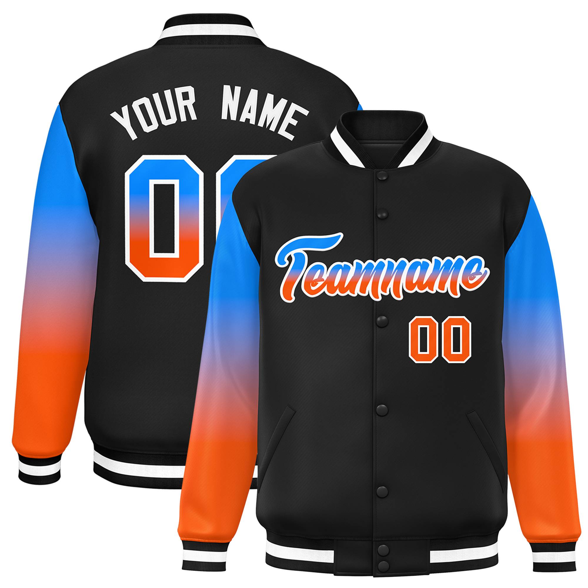 Black Powder Blue-Orange Gradient Varsity Full-Snap Raglan Sleeves Baseball Jacket