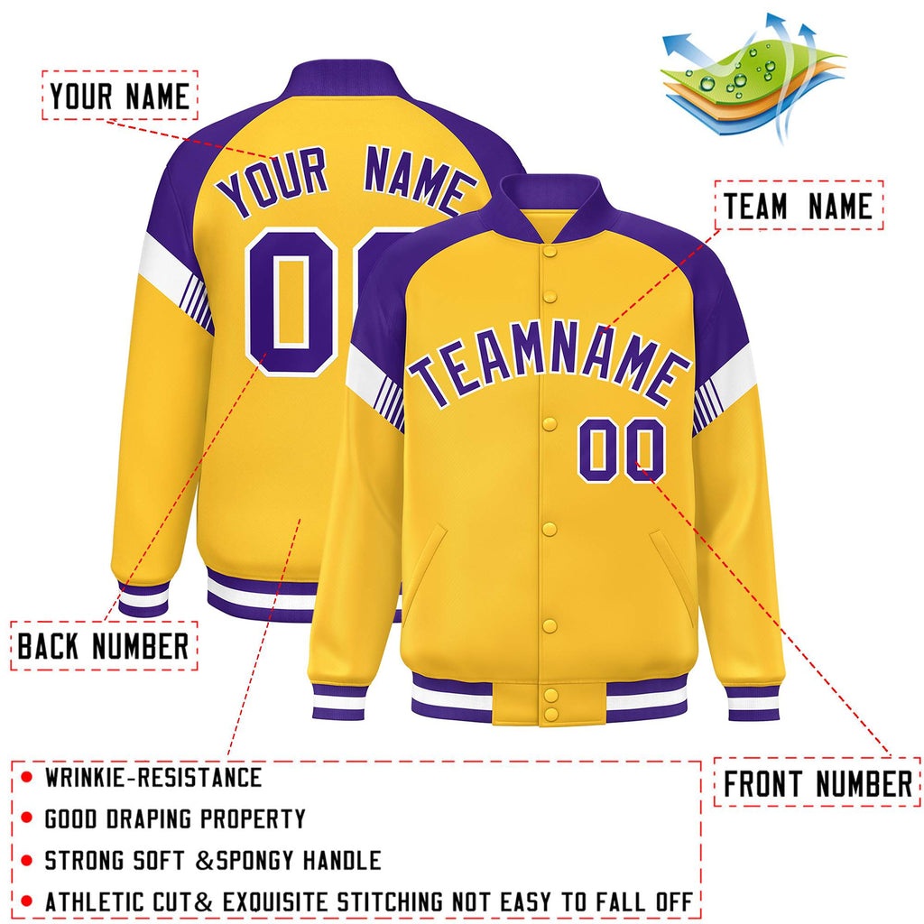 Custom Gold Purple-White Varsity Full-Snap Color Block Letterman Jacket