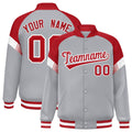 Custom Gray Red-White Varsity Full-Snap Color Block Letterman Jacket