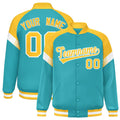 Custom Aqua Gold-White Varsity Full-Snap Color Block Letterman Jacket
