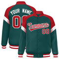 Custom Midnight Green Red-White Varsity Full-Snap Color Block Letterman Jacket