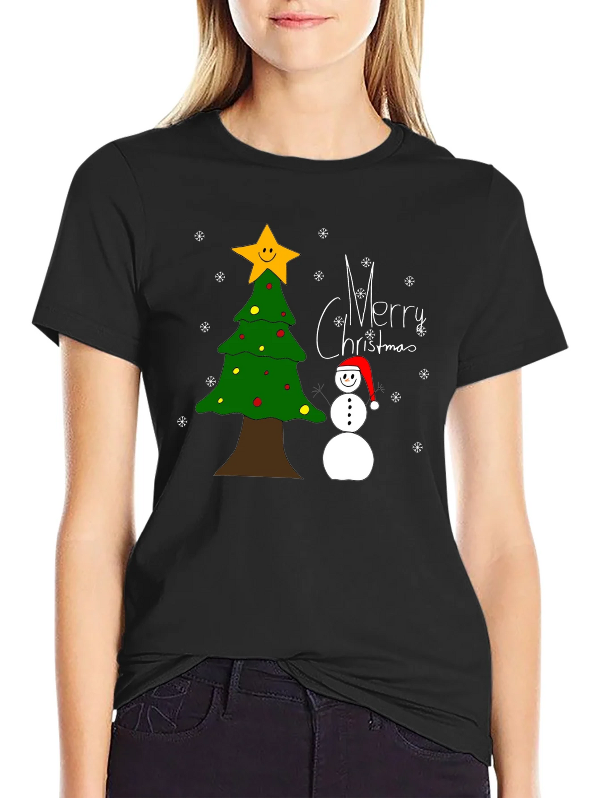 Festive Christmas T-Shirt with Tree and Snowman