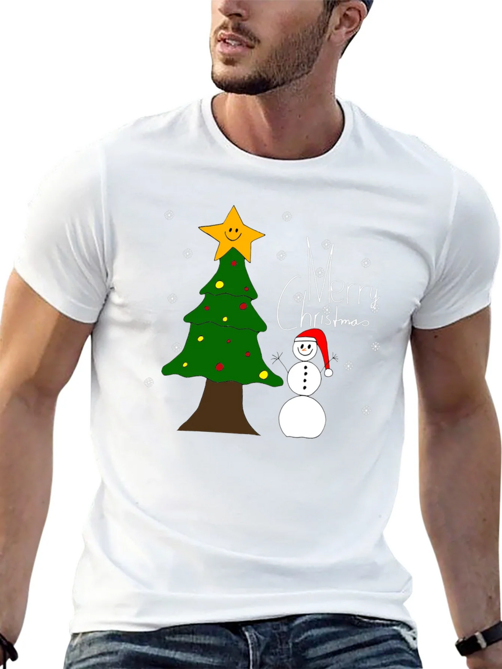 Festive Christmas T-Shirt with Tree and Snowman
