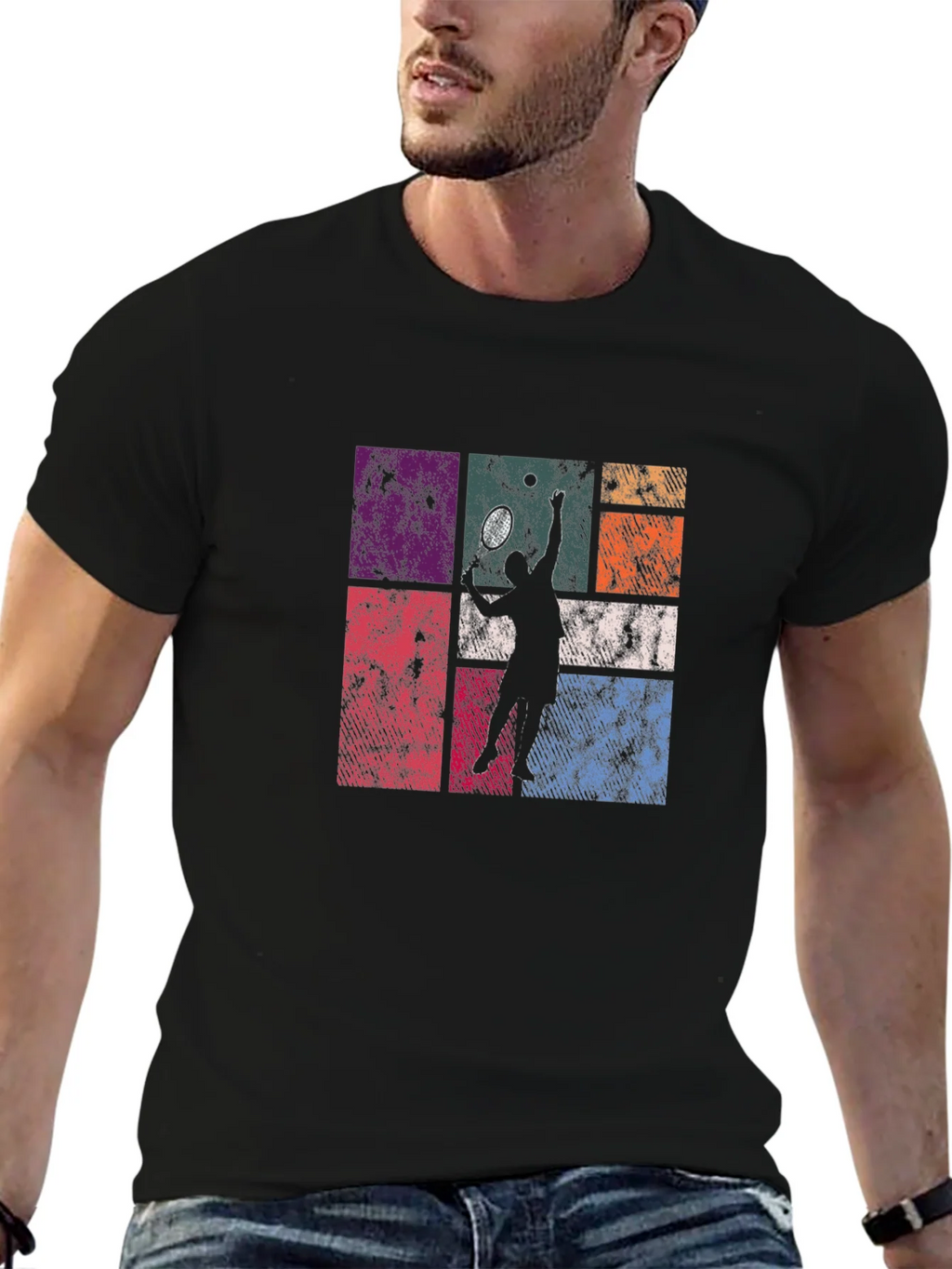 Retro Tennis Player Graphic T-Shirt - Black
