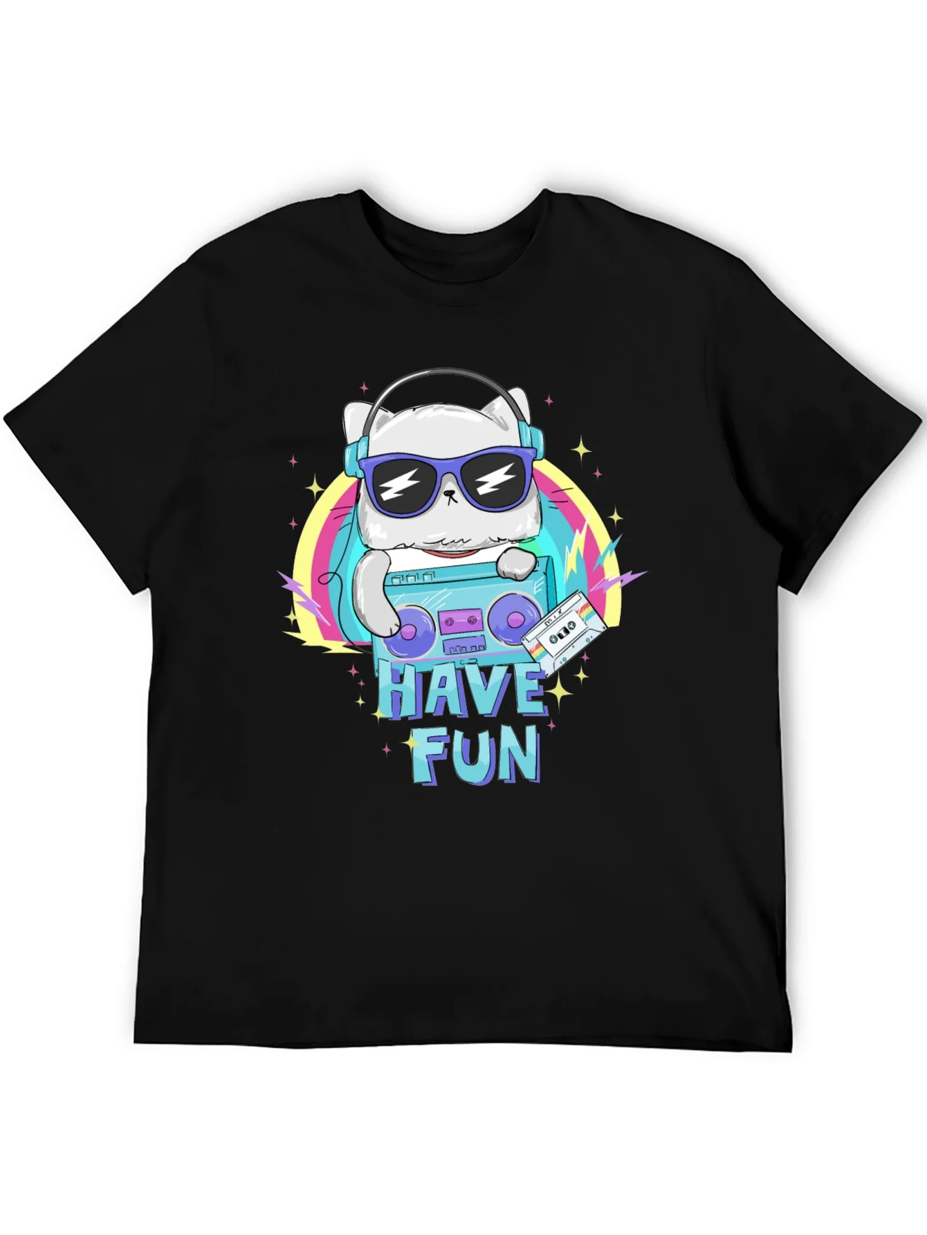 Cool Cat Boombox Graphic T-Shirt - Black Cotton Tee