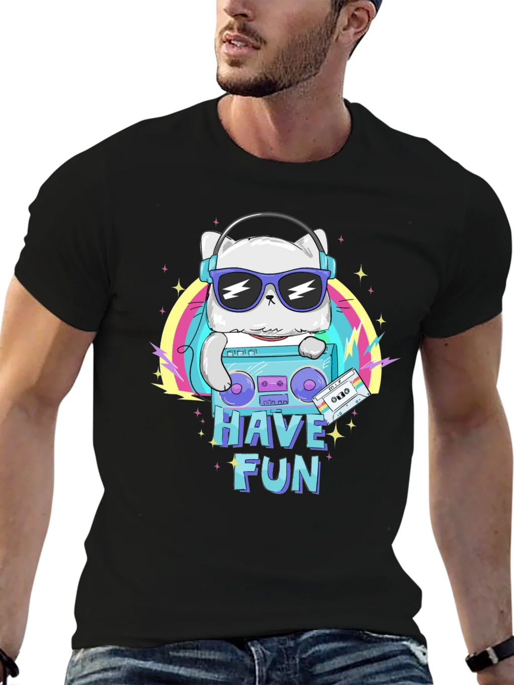 Cool Cat Boombox Graphic T-Shirt - Black Cotton Tee