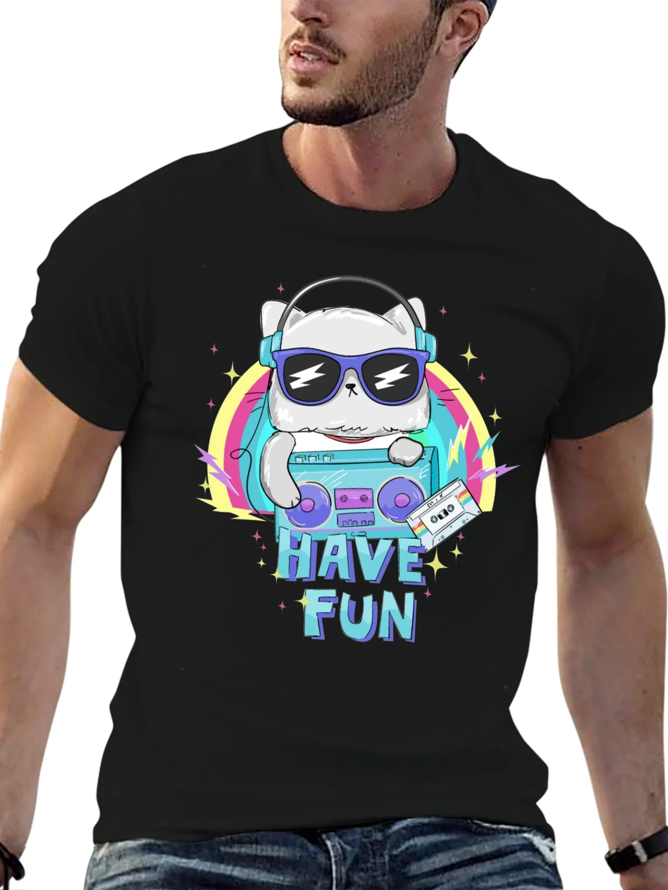 Cool Cat Boombox Graphic T-Shirt - Black Cotton Tee