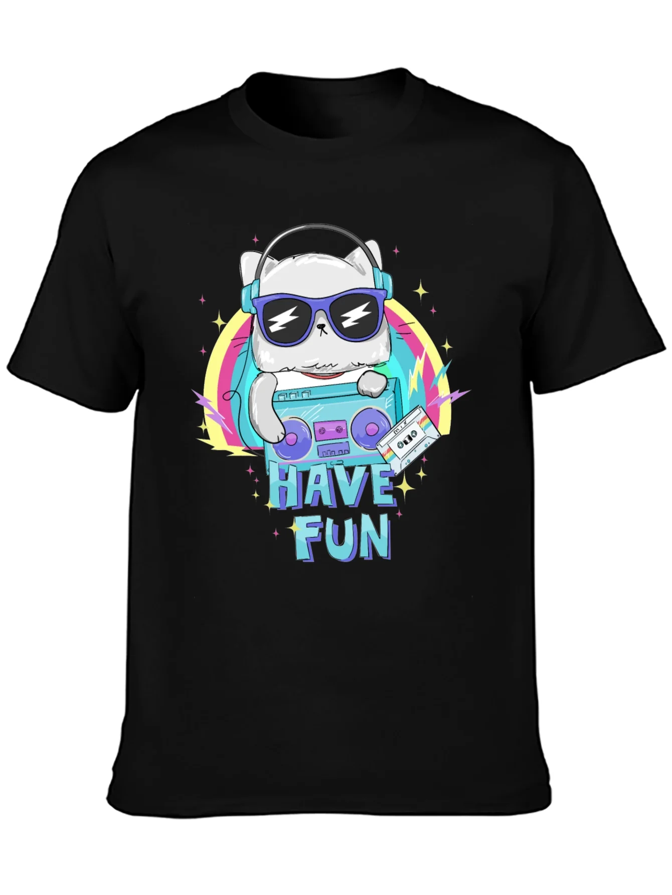 Cool Cat Boombox Graphic T-Shirt - Black Cotton Tee