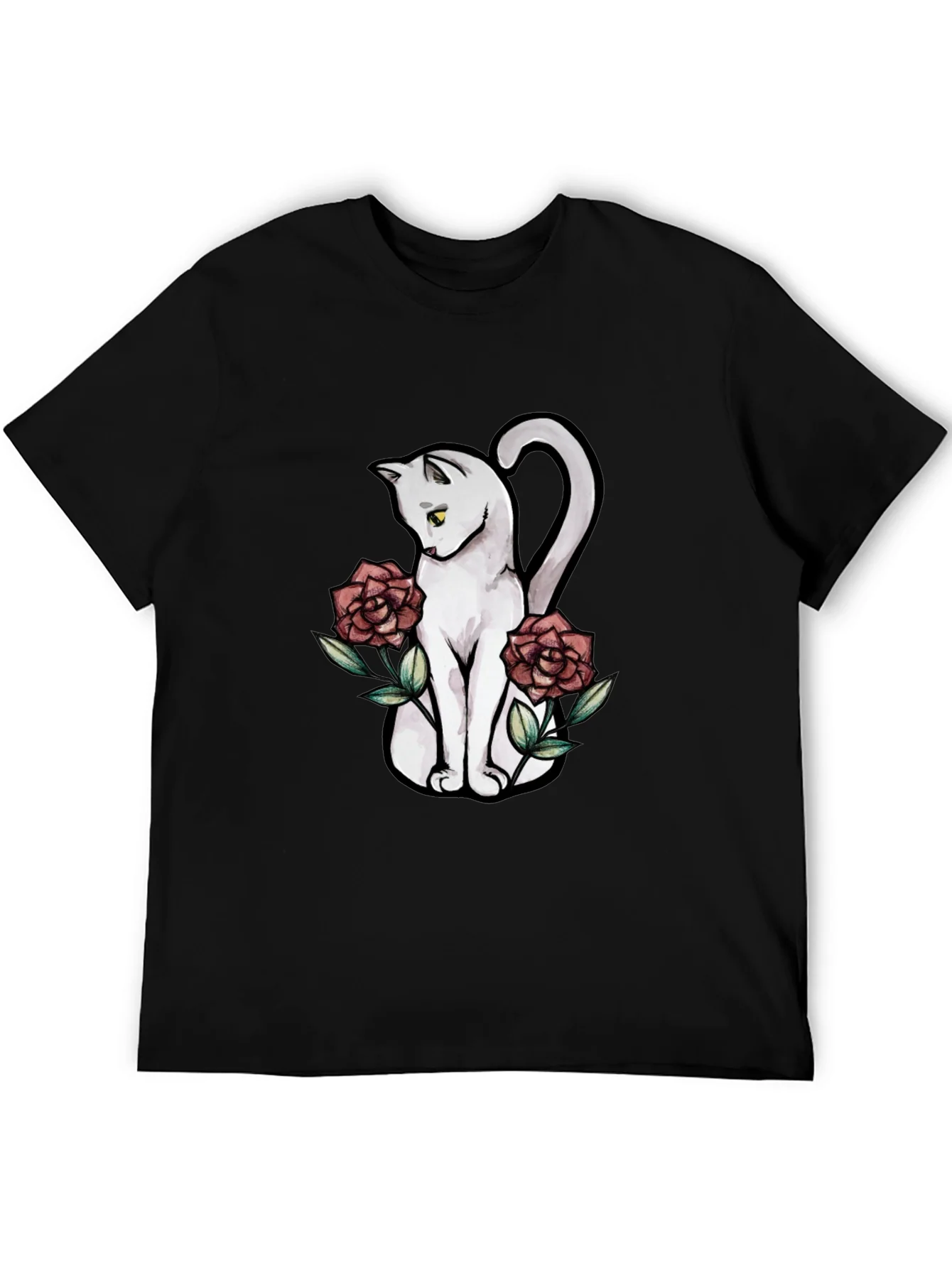 Cat & Roses Graphic T-Shirt - Stylish Black Tee