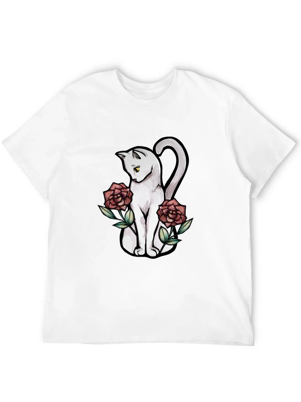 Cat & Roses Graphic T-Shirt - Stylish Black Tee