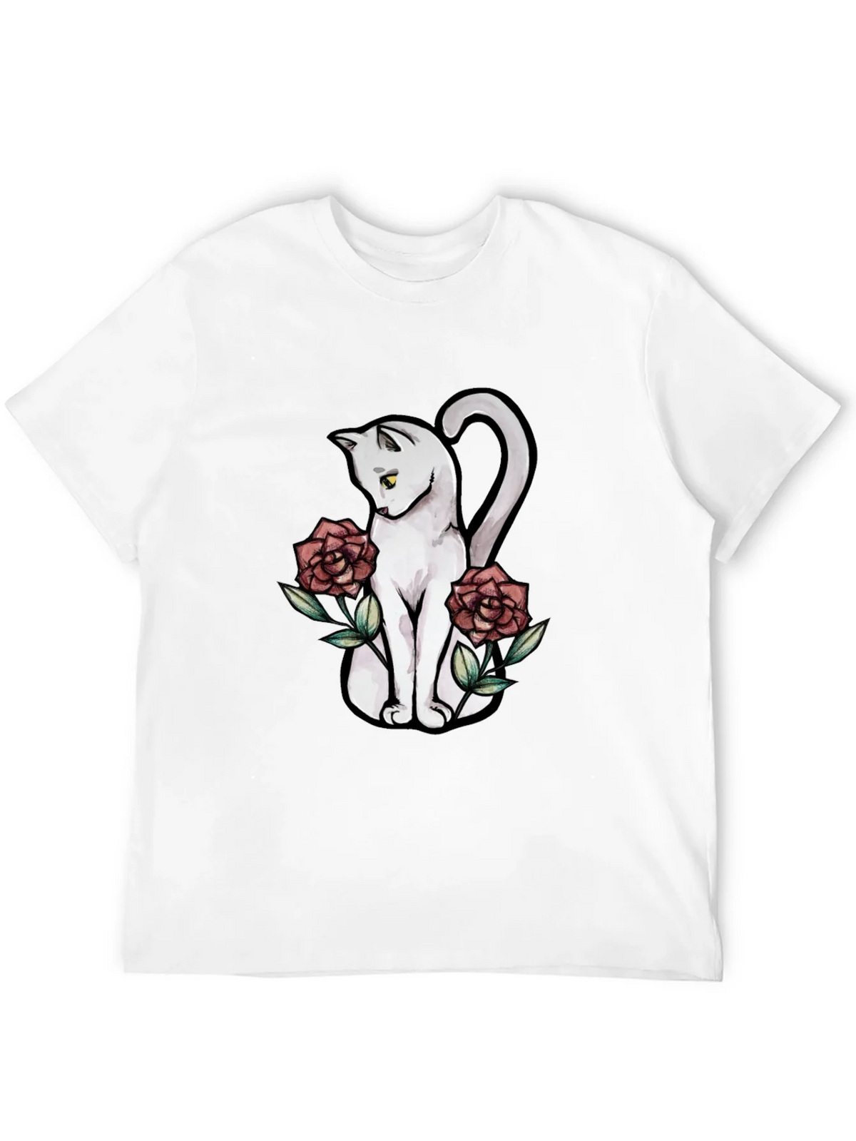 Cat & Roses Graphic T-Shirt - Stylish Black Tee