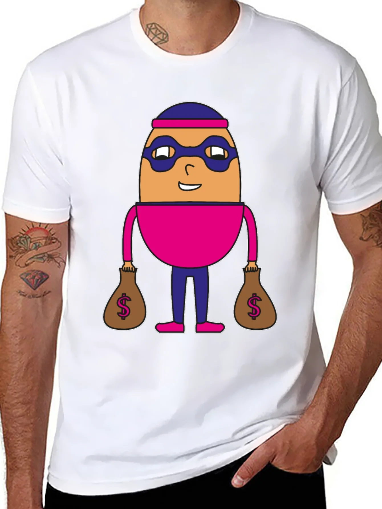 Funny Cartoon Burglar Black T-Shirt