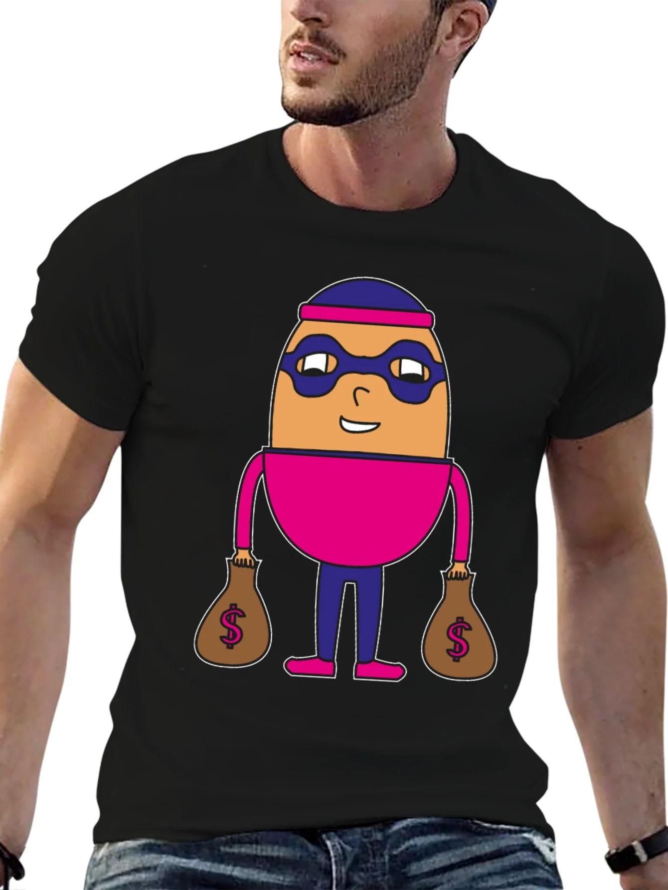Funny Cartoon Burglar Black T-Shirt