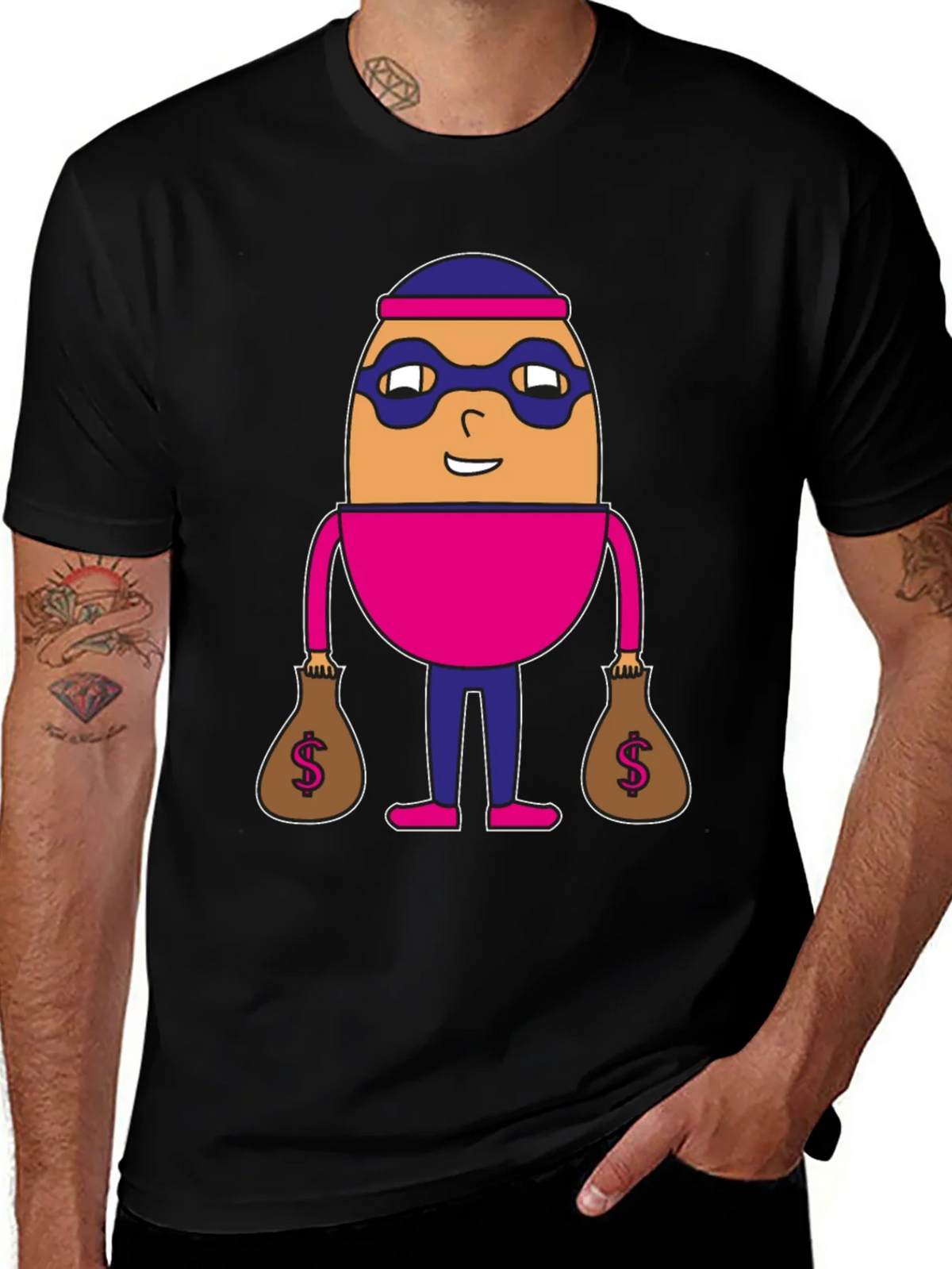 Funny Cartoon Burglar Black T-Shirt