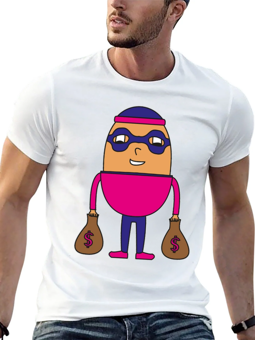 Funny Cartoon Burglar Black T-Shirt